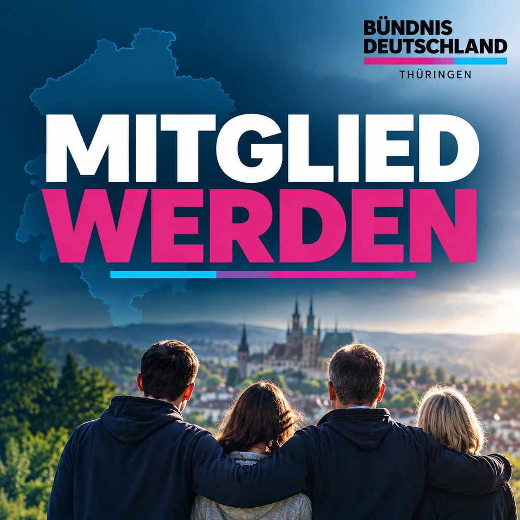 ‚Mitglied werden‘ vor einer Thüringer Stadtlandschaft und vier Personen.